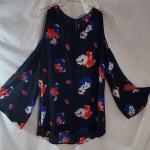 Vince Camuto Black Floral  Bell sleeved Cold Shoulder Blouse Large